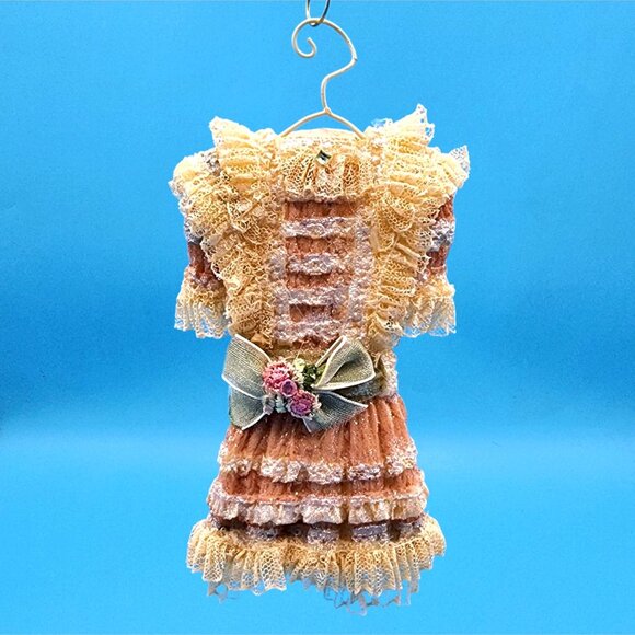 Victorian Dress Ornament on Hanger • Pink Lace Glitter Holiday Decoration • Vint - Picture 2 of 9